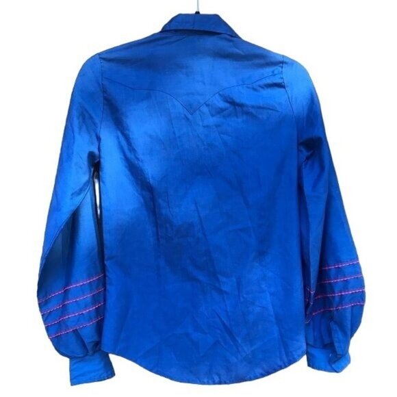 Vintage Karman Western Wear Lantern Sleeve Blue Red Embroidery Button Down Shirt - Picture 5 of 8